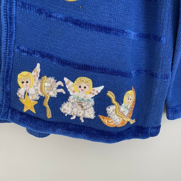 Vtg Quacker Factory Blue Embellished Full Zip Boucle Trim Angel Sweater - Picture 4 of 7